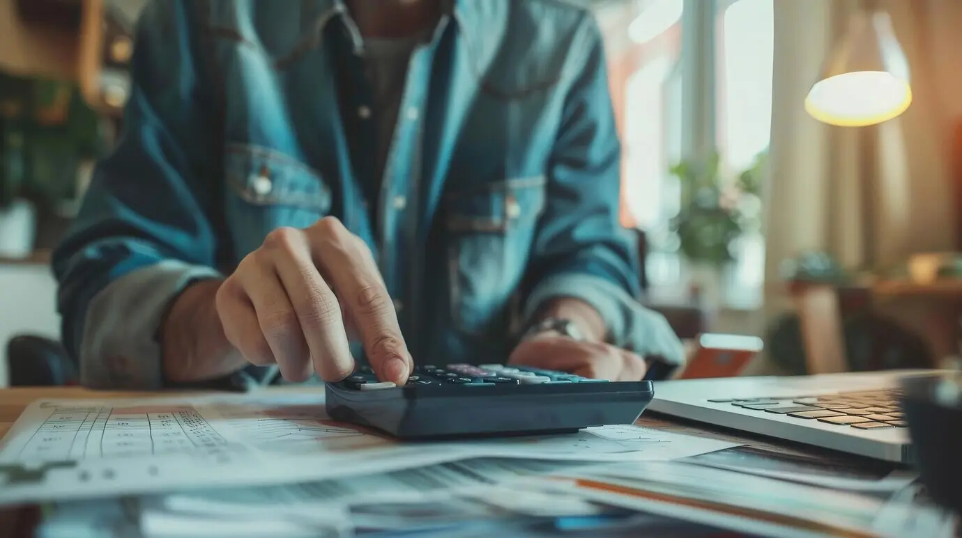 Eine Person benutzt einen Finanzrechner, um ihre Ersparnisse und Investitionen zu planen.